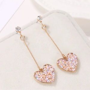 Drop Heart Earrings Sparkling Pink Love Heart Pendant Extra Long Tassel Earrings